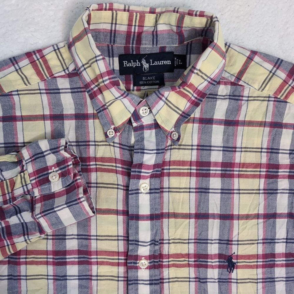 Ralph Lauren Blake Ultra Light Men's L Button Down Shirt Red Yellow White Plaid